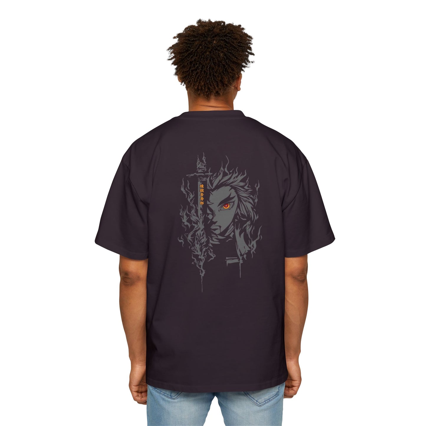 Demon Slayer-Inspired Graphic Tee — Fiery Anime Face Oversized Shirt