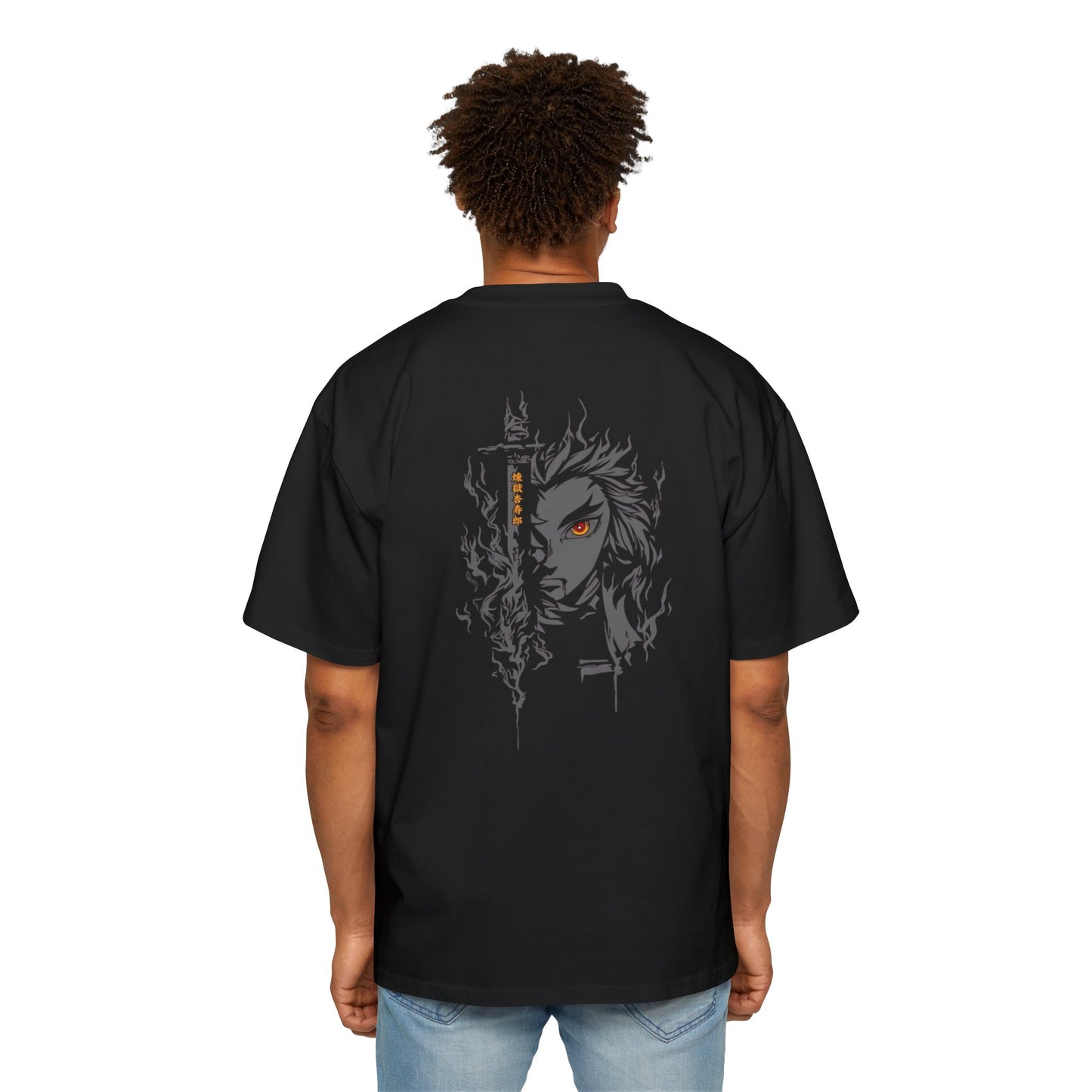 Demon Slayer-Inspired Graphic Tee — Fiery Anime Face Oversized Shirt