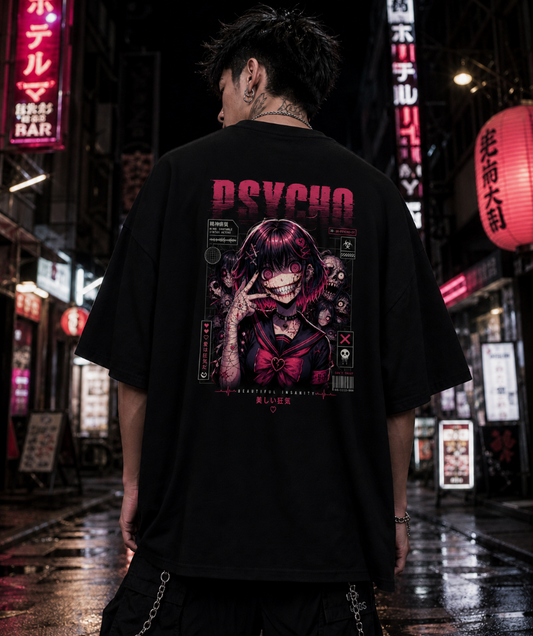 Oversized Cotton Tee – Psycho Anime Girl Graphic